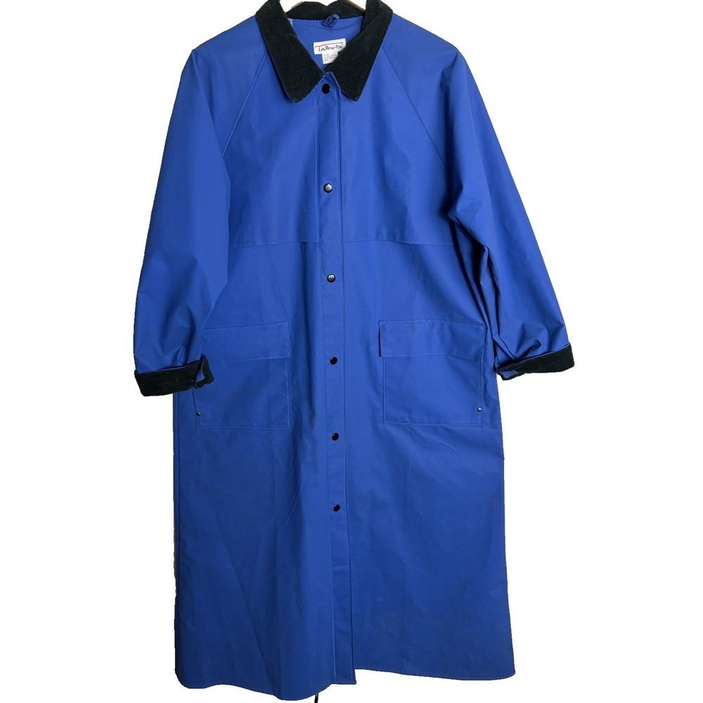 Talbots Vintage Heavy Vinyl Rain Coat Corduroy Collar Women Large Blue Fisherman